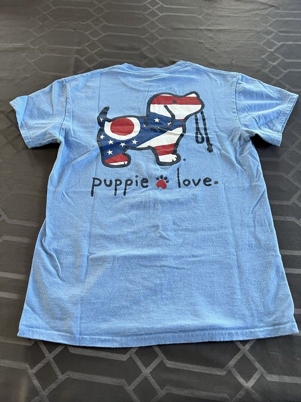 Puppie Love Stars & Stripes Pup Blue Women's Small Cotton Short Sleeve Tee